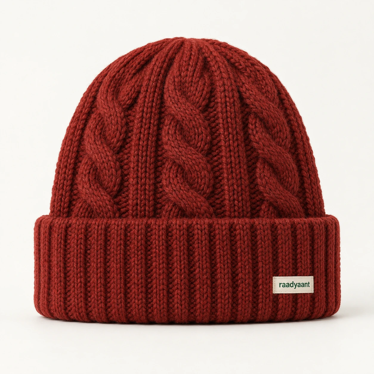 Deep brick red Ember Cable Beanie, knit beanie