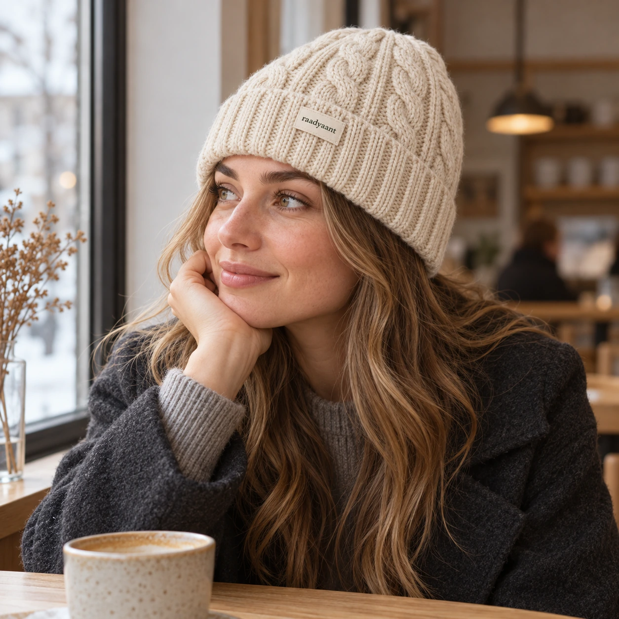 A cable knit beanie styled for a quiet winter afternoon