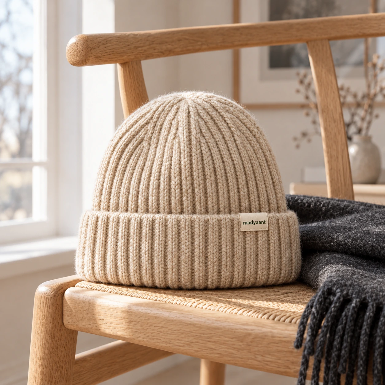 Oatmeal rib beanie on an oak chair beside a window